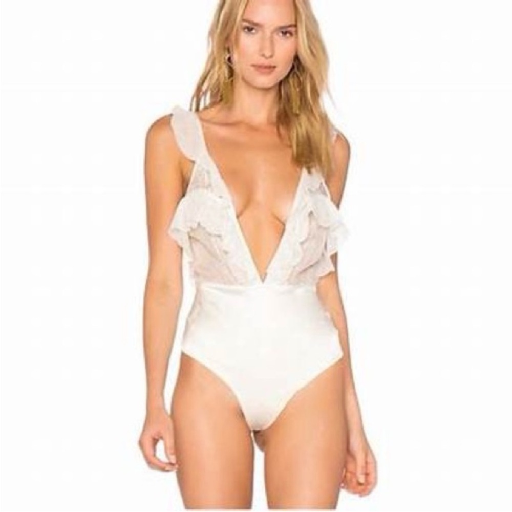 FOR LOVE & LEMON White Ruffled Plunge Bodysuit